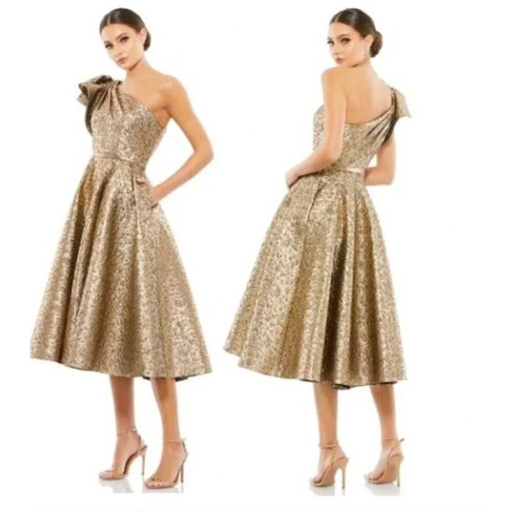 MAC DUGGAL ONE SHOULDER BOW MIDI DRESS Style #67906